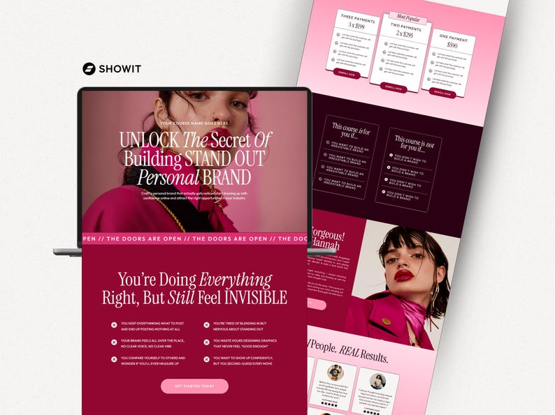 May include: A laptop screen and marketing materials with a pink and white color scheme. The laptop displays text: "UNLOCK The Secret Of Building STAND OUT Personal BRAND." The marketing materials include pricing options and course details.