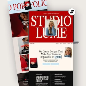 May include: A website design studio's portfolio is displayed on a laptop screen. The website features a red and white color scheme with the text "STUDIO LUME" and "We Create Designs That Make Your Business Impossible To Ignore."