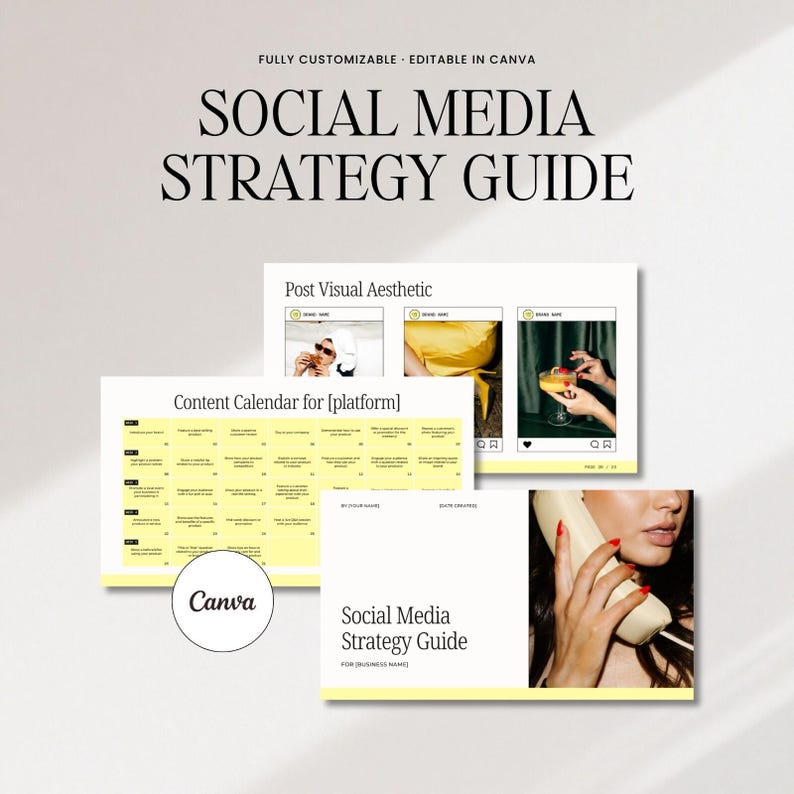 Social Media Strategy Guide Canva template shown across multiple pages including a content calendar, post visual aesthetic planner and cover page. Fully customisable and editable in Canva. Yellow and white design with clean modern typography, ideal for brand designers and business owners looking to plan and present a social media strategy for clients.