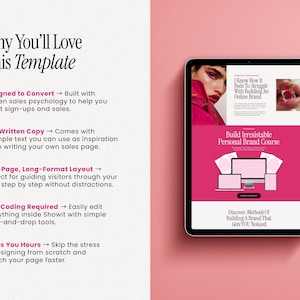 May include: A digital tablet displays a website template with a pink and white color scheme. The screen shows a woman's face and the text "Build Irresistible Personal Brand Course." The text "Why You'll Love This Template" is also visible.