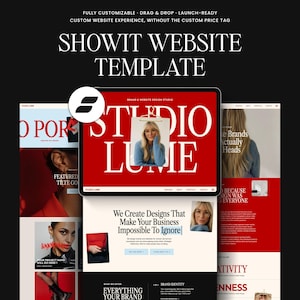 Showit website template featuring a modern, editorial-style design in bold red & blue tones. Large serif headline reads “Showit Website Template” with smaller text highlighting “Fully customizable, drag & drop, launch-ready.” Mockups of multiple website pages are displayed on desktop screens, including homepage, portfolio, and about sections. The design showcases a feminine brand aesthetic with clean layouts, elegant typography, and lifestyle imagery, ideal for a brand and website design studio.