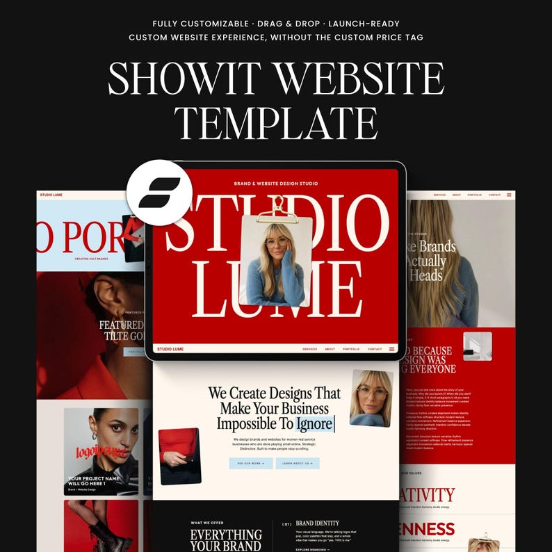 Showit website template featuring a modern, editorial-style design in bold red & blue tones. Large serif headline reads “Showit Website Template” with smaller text highlighting “Fully customizable, drag & drop, launch-ready.” Mockups of multiple website pages are displayed on desktop screens, including homepage, portfolio, and about sections. The design showcases a feminine brand aesthetic with clean layouts, elegant typography, and lifestyle imagery, ideal for a brand and website design studio.