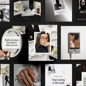May include: A monochrome collage with various images, including a woman, a digital music player, and text that says "Build a business that doesn't burn you out" and "Just Dropped".