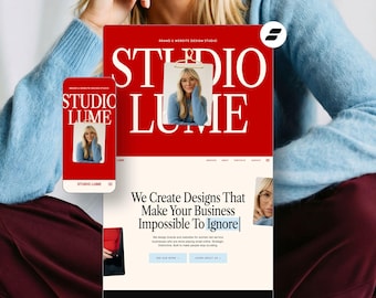 Può includere: Una visualizzazione digitale di un sito web per Studio Lume con un'intestazione rossa audace con testo bianco, una fotografia centrale di una persona e il titolo We Create Designs That Make Your Business Impossible To Ignore su sfondo color crema.
