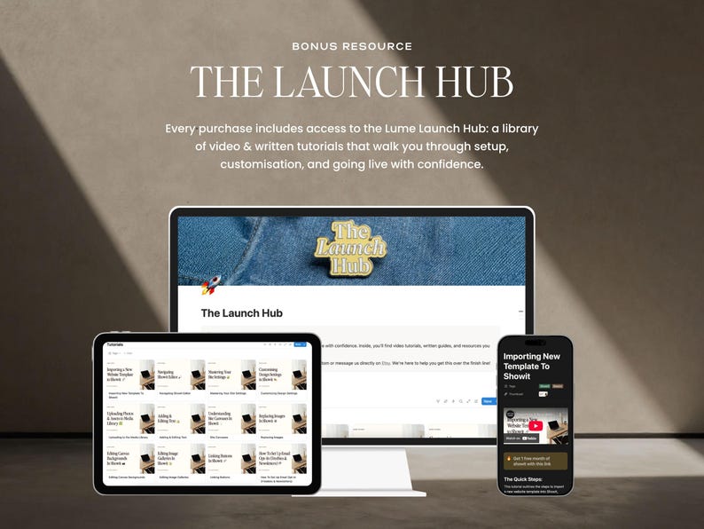 The Lume Launch Hub bonus resource shown across laptop, tablet and phone screens, featuring a library of video and written tutorials to help designers set up and launch their Showit website template.