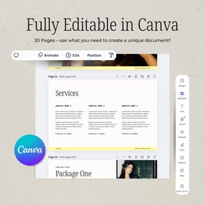 May include: A digital document template, labelled "Fully Editable in Canva", with 30 pages. The template includes sections for services and package details, with a Canva logo. The design is clean and modern.