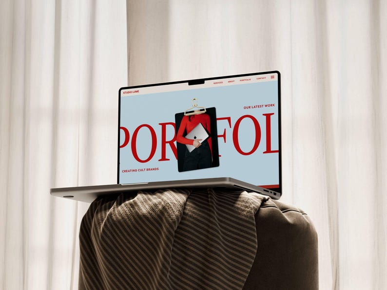 Showit website template displayed on a laptop showing a bold editorial portfolio page with large red serif typography and a photo cutout design. Built for brand and website designers who want a premium, custom-looking studio website. Fully editable and drag-and-drop customisable inside Showit. Perfect for independent creative studios ready to elevate their online presence.