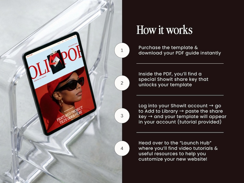 May include: A digital tablet displaying a magazine cover with the word "OLI POR" and the text "FEATURED PROJECT TILTE GOES HERE." The tablet is resting on a clear plastic chair. The image also includes instructions on how to use the template.