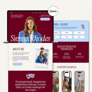 May include: A digital website layout for Sienna Rhodes, a virtual assistant and content creator. The design features a deep burgundy and light blue color scheme, including text, professional photography, and icons.
