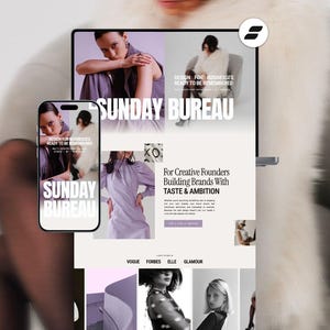 Op de afbeelding: Een laptop en een smartphone die de website van Sunday Bureau weergeven. Het scherm bevat modefotografie, de tekst "DESIGN FOR BUSINESSES READY TO BE REMEMBERED", "SUNDAY BUREAU" en "FOR CREATIVE FOUNDERS BUILDING BRANDS WITH TASTE & AMBITION."