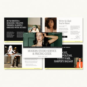 May include: A promotional graphic with a black and white design. The text includes "HI I'M KRISTINA / DESIGNER / CREATIVE THINKER / SLIGHTLY OBSESSED WITH DETAILS" and "MODERN STUDIO SERVICE & PRICING GUIDE". The image also features the text "We're So Glad You're Here!" and magazine names.