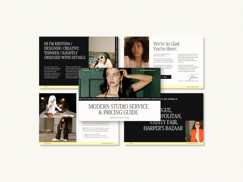 May include: A promotional graphic with a black and white design. The text includes "HI I'M KRISTINA / DESIGNER / CREATIVE THINKER / SLIGHTLY OBSESSED WITH DETAILS" and "MODERN STUDIO SERVICE & PRICING GUIDE". The image also features the text "We're So Glad You're Here!" and magazine names.