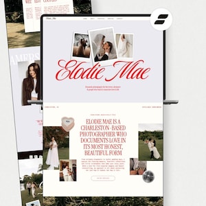 Könnte beinhalten: Ein digitaler Bildschirm zeigt eine Website für Elodie Mae Fotografie mit einem roten Schreibschrift-Logo, mehreren Hochzeitsfotos im Polaroid-Stil und Textblöcken, die Dienstleistungen in Charleston, SC, auf hellgrauem und weißem Grund beschreiben.