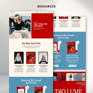 May include: A website design with a red and blue color scheme. The website features the text "RESOURCES", "THE TOOLS WE SWEAR BY", and "Our Most Used Tools". The website also includes images of people and text boxes.