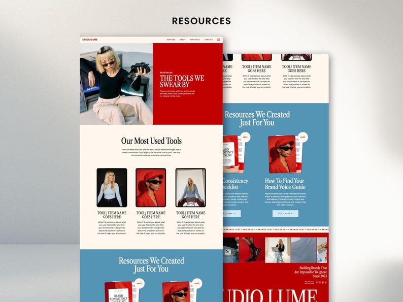 May include: A website design with a red and blue color scheme. The website features the text "RESOURCES", "THE TOOLS WE SWEAR BY", and "Our Most Used Tools". The website also includes images of people and text boxes.