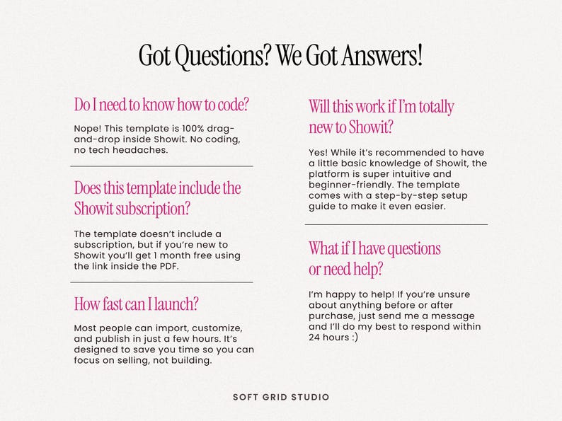 May include: A cream-colored graphic with the text "Got Questions? We Got Answers!" in a dark pink font. The text answers common questions about a Showit template, including coding, subscriptions, and launch time.