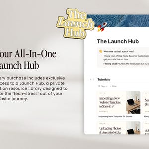 Pu&ograve; includere: Immagine promozionale di "The Launch Hub", una risorsa digitale per la creazione di siti web. L'immagine mostra un'interfaccia di sito web con tutorial e il testo "Your All-In-One Launch Hub".