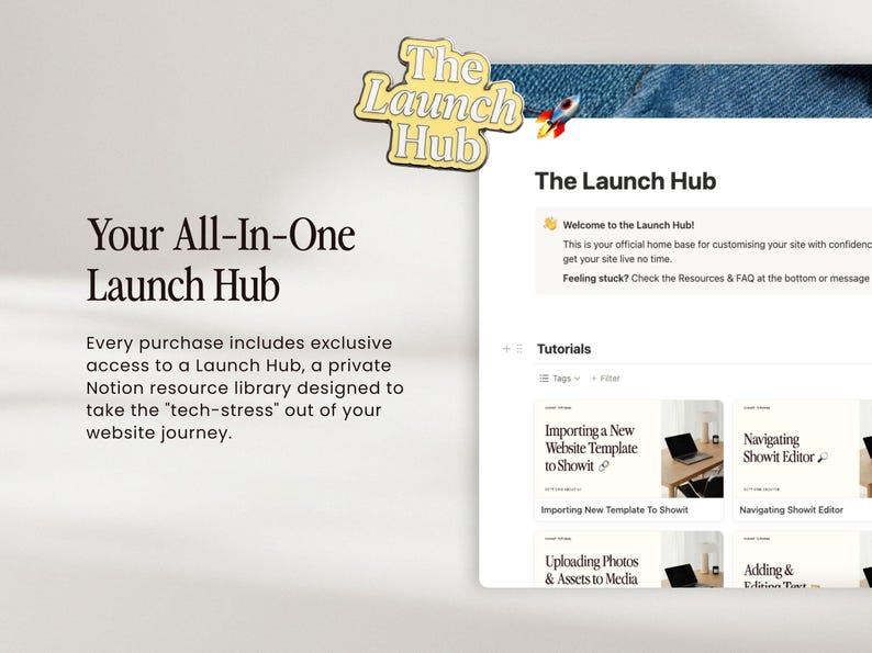 Pu&ograve; includere: Immagine promozionale di "The Launch Hub", una risorsa digitale per la creazione di siti web. L'immagine mostra un'interfaccia di sito web con tutorial e il testo "Your All-In-One Launch Hub".