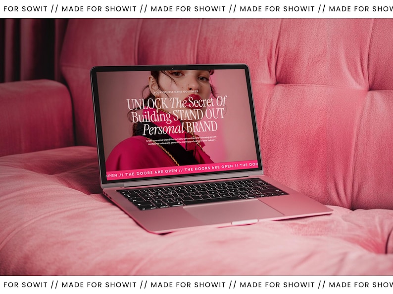 May include: A pink laptop displaying the text "UNLOCK The Secret Of Building STAND OUT Personal BRAND" on a pink velvet surface. The laptop is open, revealing a website with a woman in a pink outfit. The background is a pink velvet sofa.
