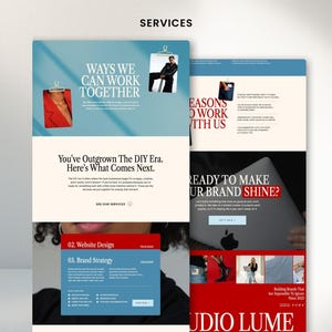 May include: A digital marketing services website design with the text "SERVICES" at the top. The website features sections titled "WAYS WE CAN WORK TOGETHER" and "READY TO MAKE YOUR BRAND SHINE?" with images and text.
