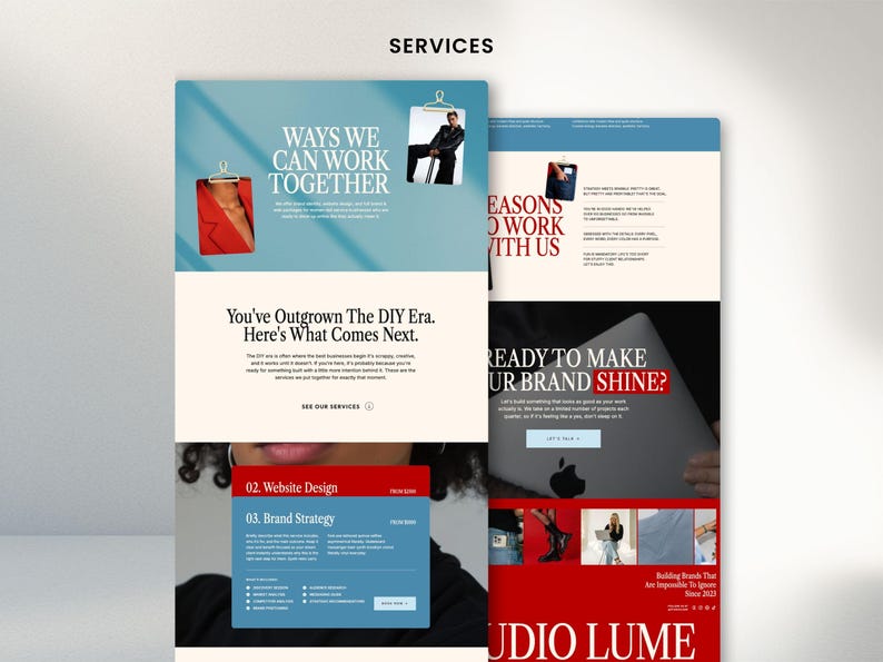 May include: A digital marketing services website design with the text "SERVICES" at the top. The website features sections titled "WAYS WE CAN WORK TOGETHER" and "READY TO MAKE YOUR BRAND SHINE?" with images and text.