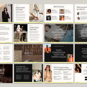 May include: A multi-slide presentation with a consistent design. The slides contain text, including "Project Name Goes Here" and "We're not just posting - we're building your brand." Images of people are also included. The colour scheme is neutral.