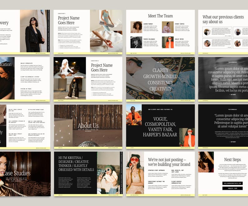 May include: A multi-slide presentation with a consistent design. The slides contain text, including "Project Name Goes Here" and "We're not just posting - we're building your brand." Images of people are also included. The colour scheme is neutral.