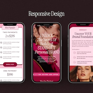May include: Three smartphones displaying a responsive design concept. The screens showcase a marketing campaign with text like "Unlock the Secret of Building Stand Out Personal Brand" and pricing options. The color scheme is pink and white.