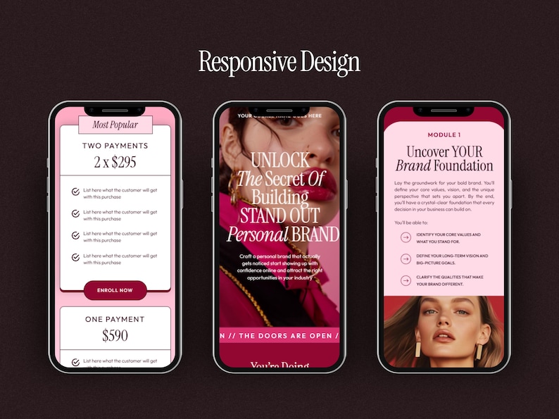 May include: Three smartphones displaying a responsive design concept. The screens showcase a marketing campaign with text like "Unlock the Secret of Building Stand Out Personal Brand" and pricing options. The color scheme is pink and white.