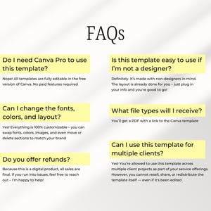 May include: A digital product FAQ template with the title "FAQs" in a black font. The template includes questions and answers in a clean, modern design with yellow highlighted sections.