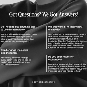 May include: Image with the text "Got Questions? We Got Answers!" and answers to common questions about a Showit template. The questions include: buying requirements, color and font changes, Showit experience, and returns.
