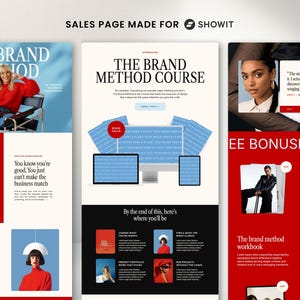Pu&ograve; includere: Un design di pagina di vendita di siti Web con il testo "THE BRAND METHOD" in lettere grandi e in grassetto. La pagina presenta immagini di persone, mockup di dispositivi digitali e blocchi di colore rossi e blu. La pagina &egrave; realizzata per Showit.