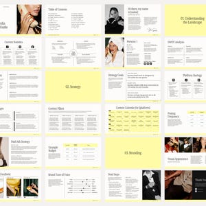 May include: A social media strategy guide with a yellow background and black text. The guide includes sections on understanding the landscape, strategy, branding, and next steps. The guide also includes a table of contents, a SWOT analysis, a content calendar, and a visual appearance guide.