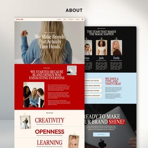 May include: A website design showcasing branding services. The design features a red and white color scheme with the text "We Make Brands That Actually Turn Heads." Other sections include "Our Story" and "Ready to Make Your Brand Shine?"
