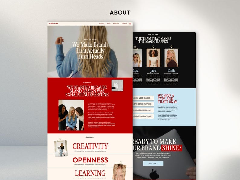 May include: A website design showcasing branding services. The design features a red and white color scheme with the text "We Make Brands That Actually Turn Heads." Other sections include "Our Story" and "Ready to Make Your Brand Shine?"