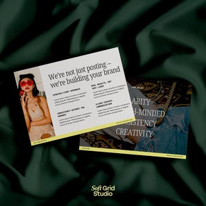 May include: Two business cards on a dark green fabric background. The cards feature text that reads "We're not just posting - we're building your brand." One card has a photo of a person wearing red heart-shaped sunglasses. The other card has the words "Clarity, High-Minded, Consistency, Creativity."