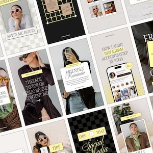 May include: A collection of social media marketing graphics with text overlays. The images feature women, text like "Saves Me Hours", "Threads, TikTok or Reels?", and "How I Audit Instagram Accounts". The color palette includes black, white, and yellow.