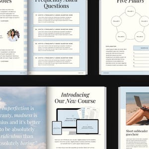 Op de afbeelding: Een spread van open boeken met verschillende lay-outs. Eén pagina bevat klantgetuigenissen, een andere stelt veelgestelde vragen en een derde schetst vijf pijlers. De pagina linksonder heeft een citaat en de pagina rechtsonder toont een persoon die een laptop gebruikt.