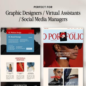 May include: A website design and branding portfolio layout with the text "PERFECT FOR Graphic Designers / Virtual Assistants / Social Media Managers." The design includes red, blue, and white elements, showcasing website design and brand strategy examples.