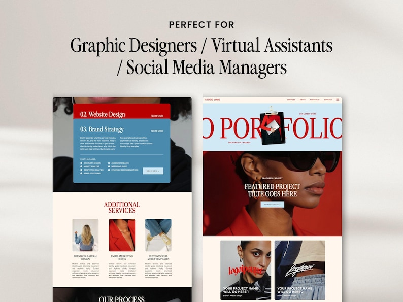 May include: A website design and branding portfolio layout with the text "PERFECT FOR Graphic Designers / Virtual Assistants / Social Media Managers." The design includes red, blue, and white elements, showcasing website design and brand strategy examples.
