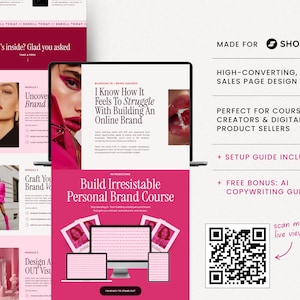 May include: A digital marketing design with a pink and white color scheme. The design includes a laptop, tablet, and phone displaying a website. Text includes "Build Irresistable Personal Brand Course" and "High-Converting, Bold Sales Page Design."