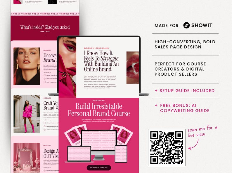 May include: A digital marketing design with a pink and white color scheme. The design includes a laptop, tablet, and phone displaying a website. Text includes "Build Irresistable Personal Brand Course" and "High-Converting, Bold Sales Page Design."