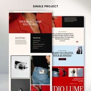 May include: A website design mockup with a red and white color scheme. The text "SINGLE PROJECT" is at the top. The website includes sections for project details, client testimonials, and a call to action. The text "YOUR PROJECT NAME WILL GO HERE" is displayed prominently.