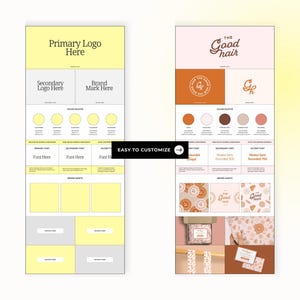 May include: A branding guide template with a yellow and white color scheme. The template includes a primary logo, secondary logo, brand mark, color palettes, fonts, and brand assets. The text on the template reads "Primary Logo Here", "Secondary Logo Here", "Brand Mark Here", "Font Here", "The Good Hair", "Good Hair", "Easy to Customize", "Museo Sans Rounded 300", "Museo Sans Rounded 700".