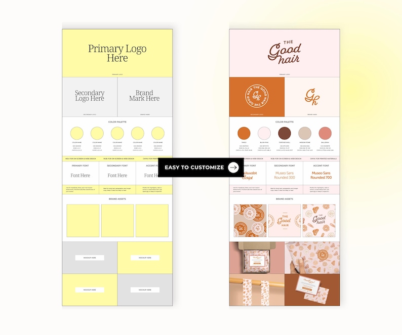 May include: A branding guide template with a yellow and white color scheme. The template includes a primary logo, secondary logo, brand mark, color palettes, fonts, and brand assets. The text on the template reads "Primary Logo Here", "Secondary Logo Here", "Brand Mark Here", "Font Here", "The Good Hair", "Good Hair", "Easy to Customize", "Museo Sans Rounded 300", "Museo Sans Rounded 700".