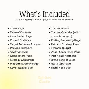 May include: A list of what's included in a digital product for social media marketing. The list includes items such as a cover page, table of contents, introduction page, current statistics, target audience analysis, persona template, SWOT analysis, competitors page, strategy goals page, platform strategy page, key message page, content pillars, content calendar, posting frequency page, paid ads strategy page, example budget, visual appearance page, post visual aesthetic, brand tone of voice, next steps page, and thank you page.