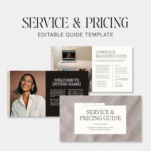 Puede incluir: Una plantilla de guía editable con el texto "SERVICE & PRICING" en la parte superior. La imagen incluye una mujer sonriendo, un portátil y una sección "COMPLETE BRANDING SUITE" con precios y una sección "SERVICE & PRICING GUIDE".