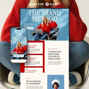 May include: A person in a red sweater and blue jeans is seated, holding a smartphone and a laptop displaying "THE BRAND METHOD." The laptop and phone screens show a woman in a red sweater. The image has text.