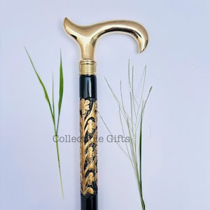 Personalized Carving Wooden Cane - Victorian Walking Stick - Elegant Brass Handle Walking Stick - Gift For Wedding - Father&#39;s Day Gift