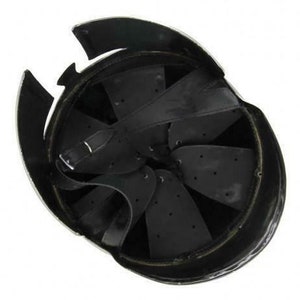 May include: Overhead view of a black and silver helmet, likely for historical reenactment or costume use. The helmet features a rounded shape with a prominent brow and cheek guards. Interior shows black leather padding and straps.
